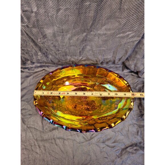 Vintage Marigold Carnival Glass Footed Bowl With Scalloped Edge & Leaf Design 12 - Picture 3 of 8
